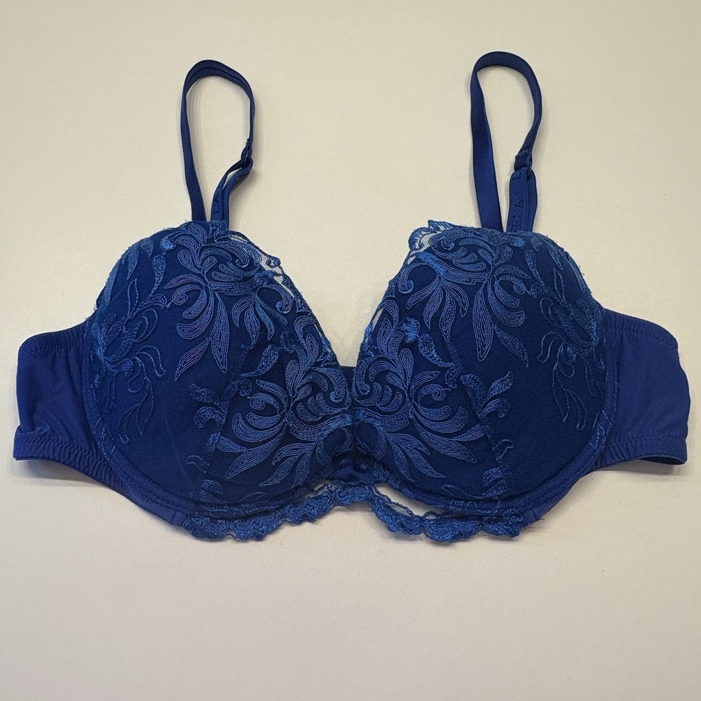La Perla Padded Bra US 36C Eur 80 Blue Floral Embroidered Lace Italy Luxury Silk - Picture 5 of 12